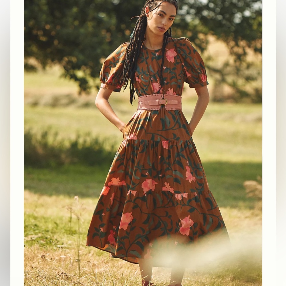 Anthropologie Conditions Apply XS‎ Petite Floral Maxi Dress Soft Brown Floral